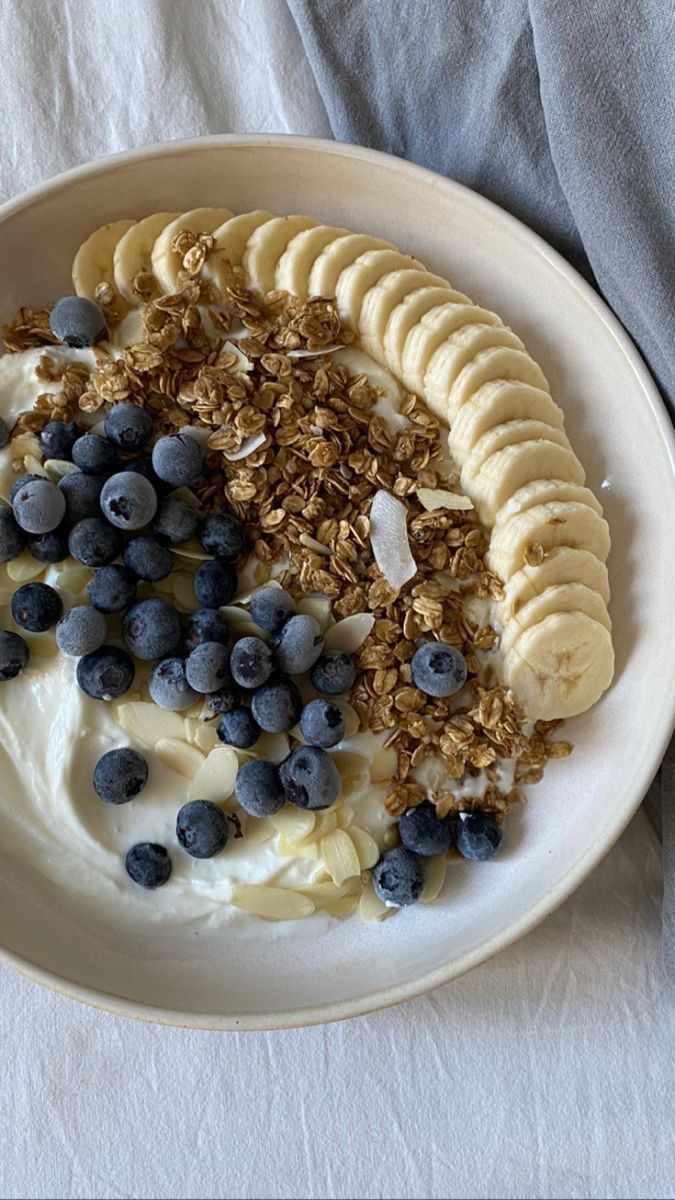 a white plate topped with bananas and blueberries