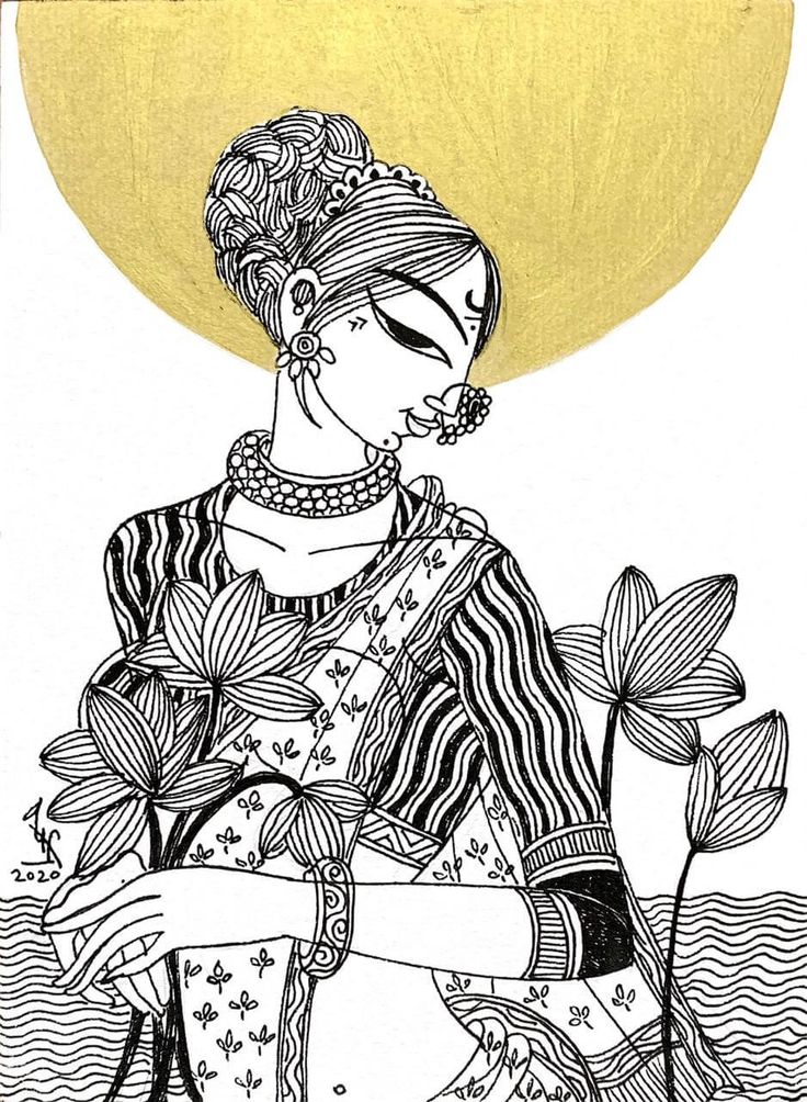 an ink drawing of a woman with flowers in her hand and the sun behind her