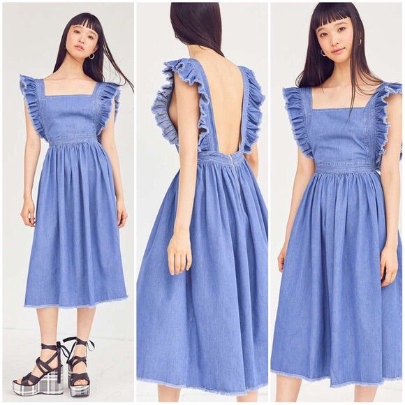 Urban Outfitters Silence And Noise Denim Ruffled Gray Edge Sleeve Apron Midi Dress. New With Tags. Wrinkled From Storage. Anthropologie Free People Urban Outfitters Madewell Lucky Brand Jeffrey Campbell Zara J. Crew H & M Modern Boho Vintage Bohemian Cottage Prairie Dark Academia Light Academia Aesthetic Casual Sleeveless Denim Dress With Ruffles, Casual Knee-length Ruffled Denim Dress, Casual Knee-length Denim Dress With Ruffles, Cotton Ruffled Denim Dress, Cotton Denim Dress With Ruffles, Ruffled Cotton Denim Dress, Ruffled Denim Dress For Day Out, Fitted Dresses With Frayed Hem For Day Out, Denim Dress With Ruffles For Day Out