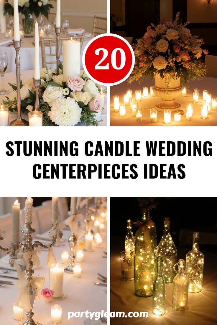 Looking to illuminate your big day with elegance? Discover these 20 stunning candle wedding centerpiece ideas that will wow your guests! From taupe pillar candles to beautiful floral urns, these decorations can create a cozy atmosphere tailored to your wedding theme. Explore charming options like bundles of bows and fairy lights in bottles to enhance your tablescapes. Perfect for both rustic and upscale weddings, these centerpiece ideas combine creativity with simplicity, ensuring your celebration is one to remember among family and friends. Cheap Elegant Centerpieces Diy, Wood And Candle Centerpieces, Candle Decor For Weddings, Unique Wedding Centerpiece Ideas, Simple Wedding Table Centerpieces Diy, Fairy Lights In Bottles, Diy Wedding Centerpieces Candles, Round Table Candles, Light Centerpieces Wedding