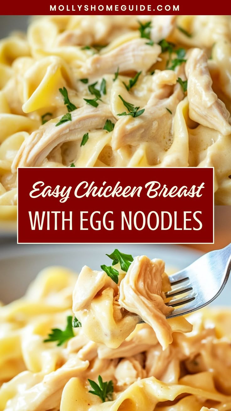 chicken breast with egg noodles on a fork in a white bowl and text overlay that reads easy chicken breast with egg noodles