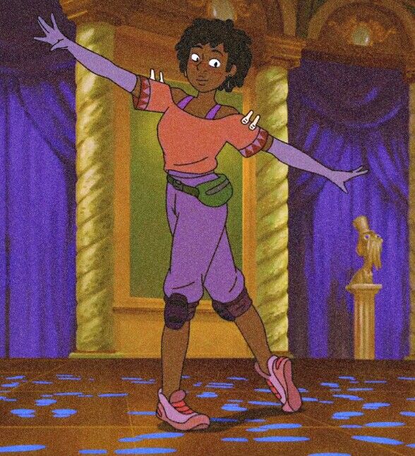 an animated image of a woman dancing in front of a stage with blue curtains and purple drapes