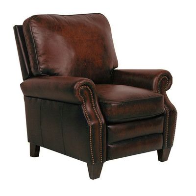 a brown leather recliner chair with nailing on the armrests and back