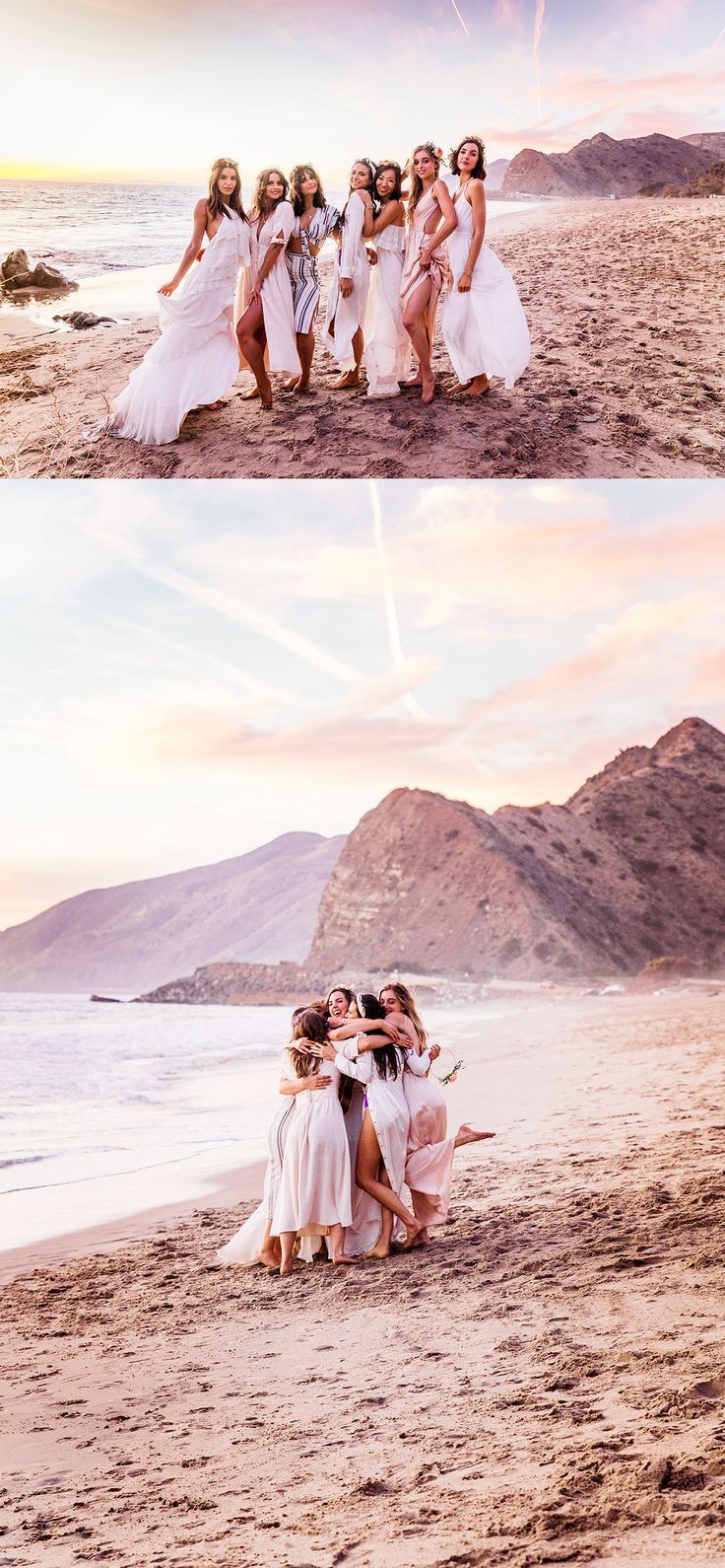 the bride and her bridal party pose for pictures on the beach at sunset or sunrise