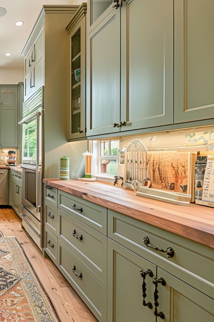 a large kitchen with green cabinets and wooden counter tops, along with an area rug on the floor