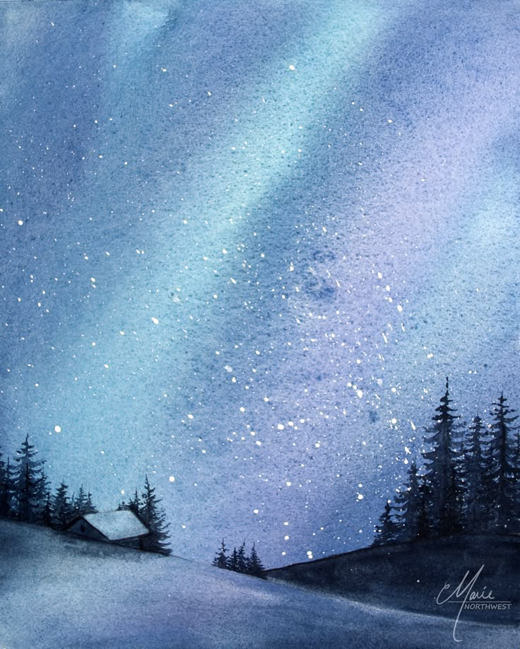 a painting of the night sky with stars and trees in it, as well as some snow