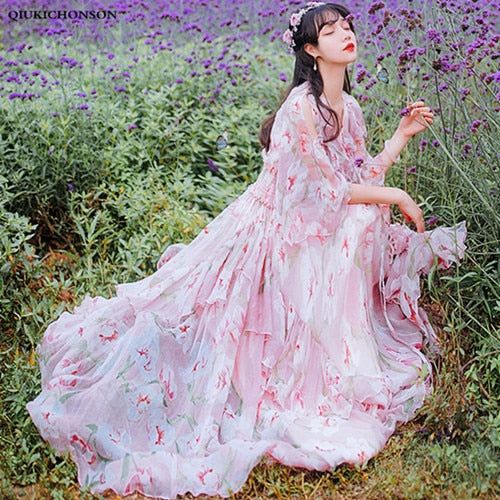 Mqtime Pink Floral chiffon maxi dresses women summer flare sleeve cold shoulder cute fairy ladies v neck asymmetrical boho ruffle dress Chiffon Maxi Dresses, Wedding Evening Gown, Floral Chiffon Maxi Dress, Ethereal Dress, Beautiful Casual Dresses, Pretty Wedding Dresses, Evening Party Gowns, Cute Fairy, Most Beautiful Dresses