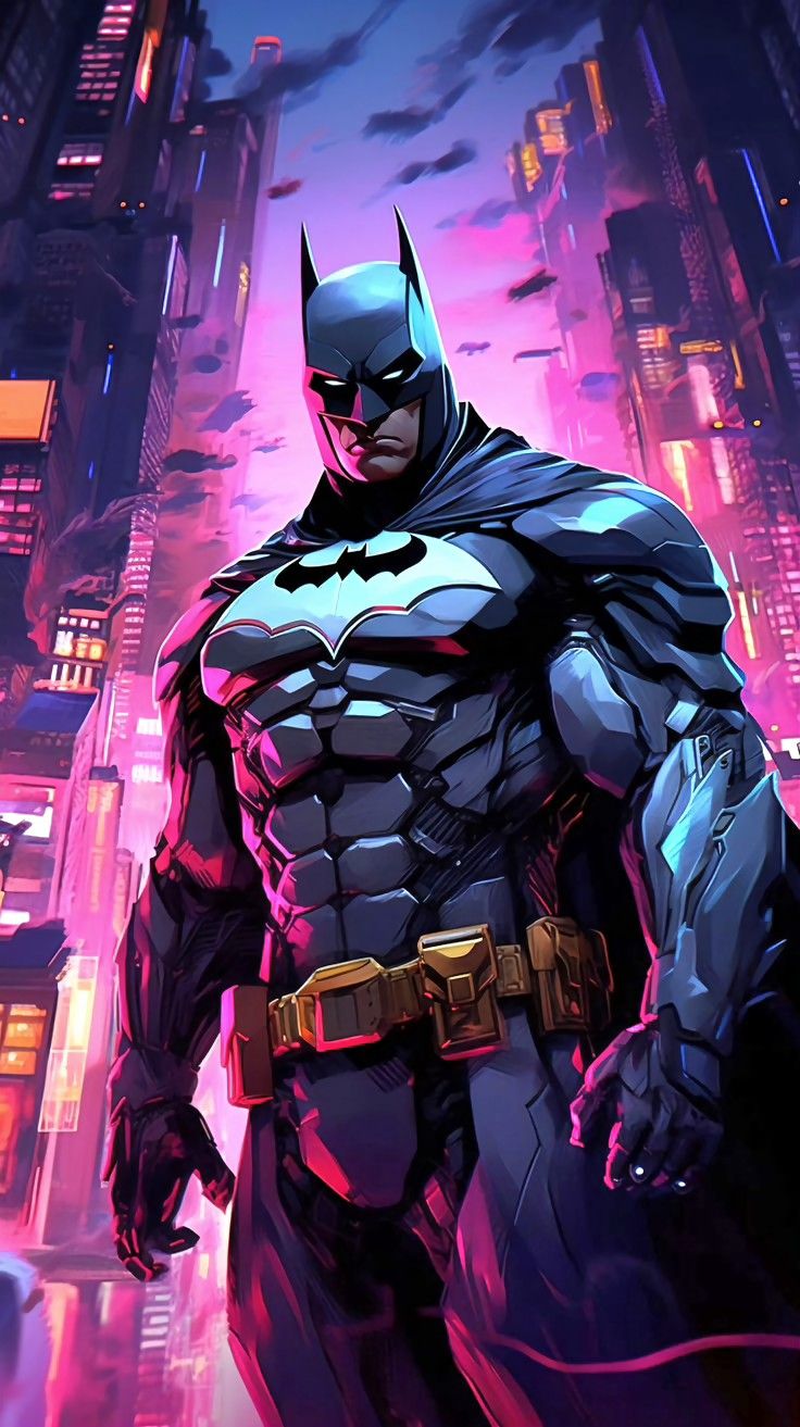 a batman standing in the middle of a city at night with his hands on his hips