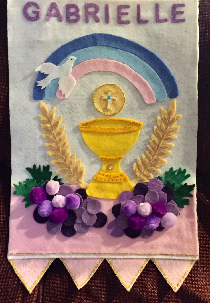 this is an image of a banner with flowers and a chalicee on it