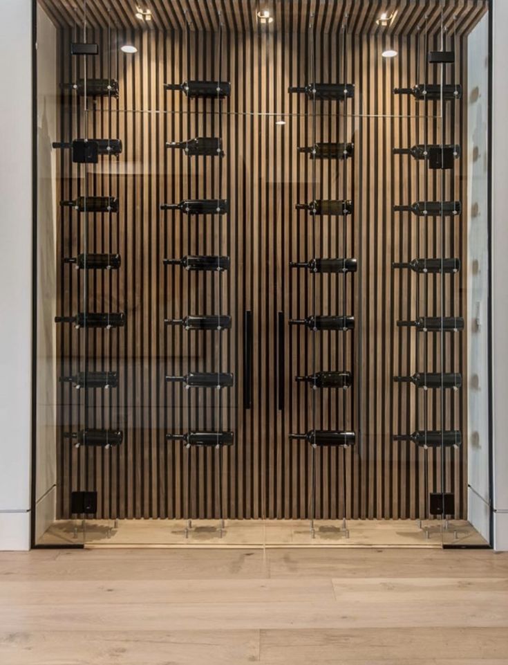 a glass door with wooden slats on it