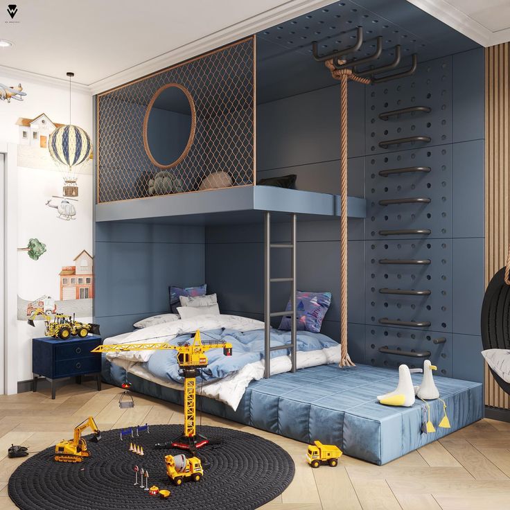 a child's bedroom with bunk beds and toys