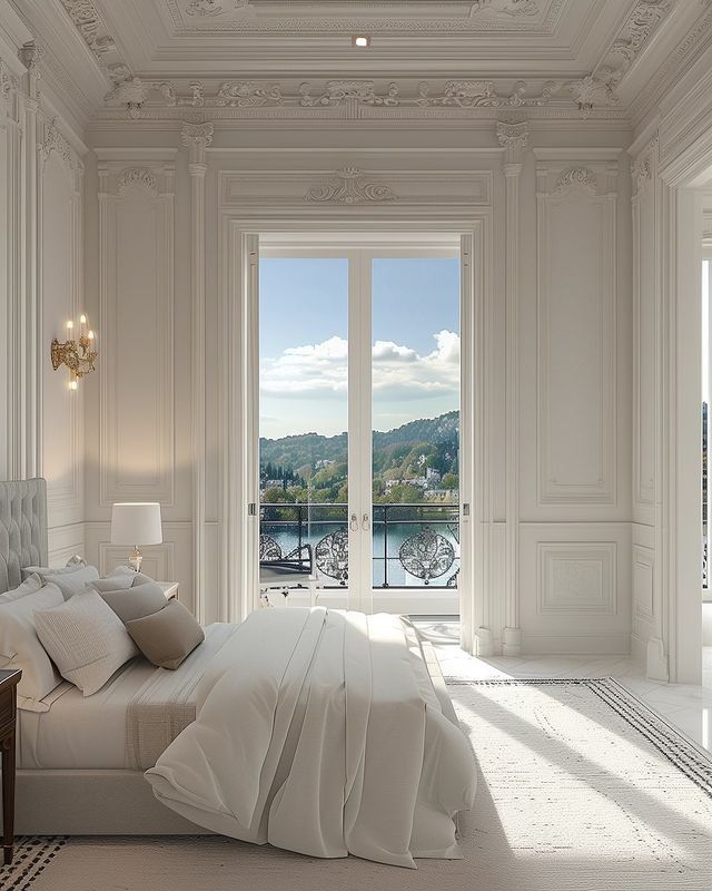 a white bedroom with a large window overlooking the lake and mountains is pictured in this image