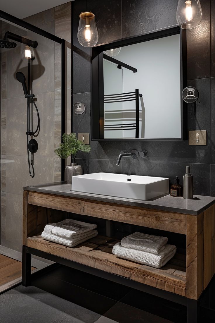 a bathroom with a sink, mirror and towel rack on the wall next to it