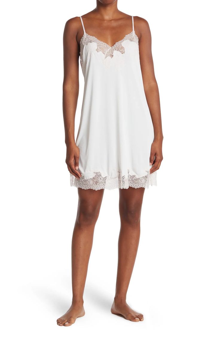 Natori Enchant Chemise | Nordstrom Sheer V-neck Slip Dress, Sheer V-neck Slip Dress For Sleep, Lace Slip Dress For Sleep, V-neck Slip Dress For Bedtime, Lace Slip Dress For Night In Spring, Spring Lace Slip Dress For Night, Spring Satin Sleepwear With Lace Trim, Modal Satin Summer Sleepwear, Modal Satin Sleepwear For Summer