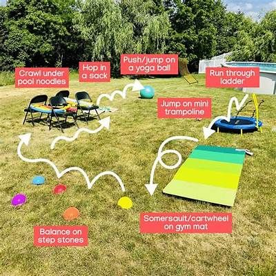 there are many different types of lawn chairs on the grass near an inflatable pool