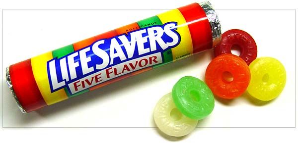 a tube of life savers candy with three rings