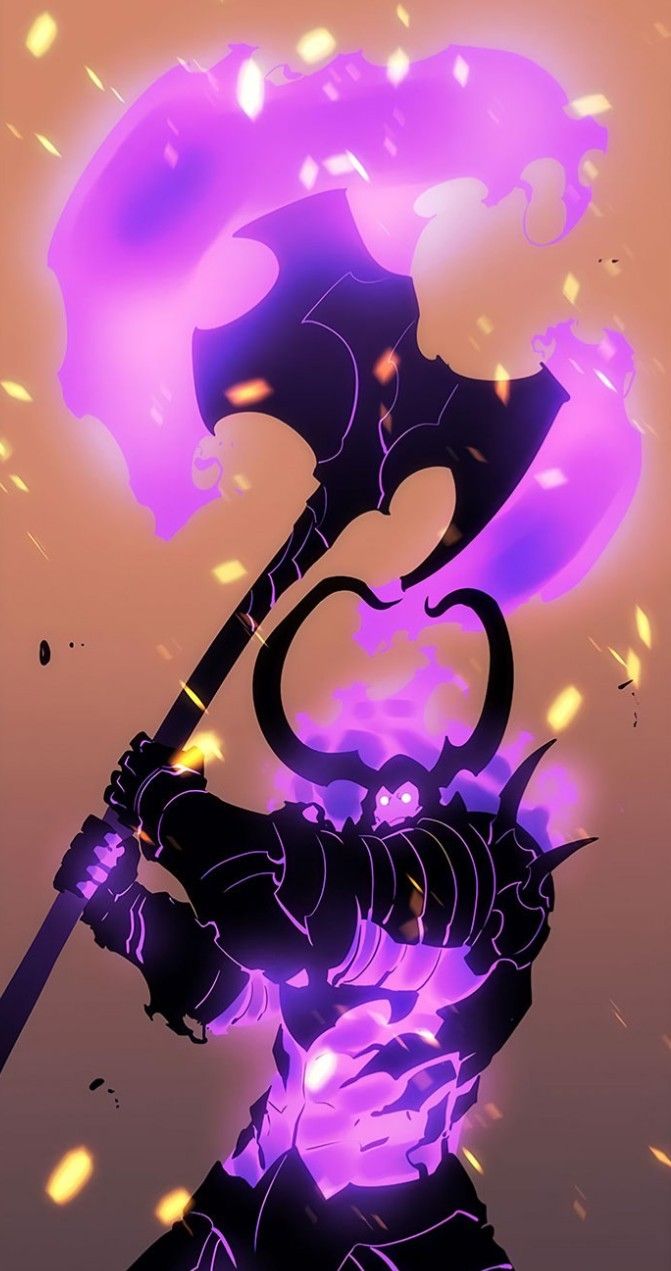 an illustration of a demon holding a large purple object in his hands with fire coming out of it