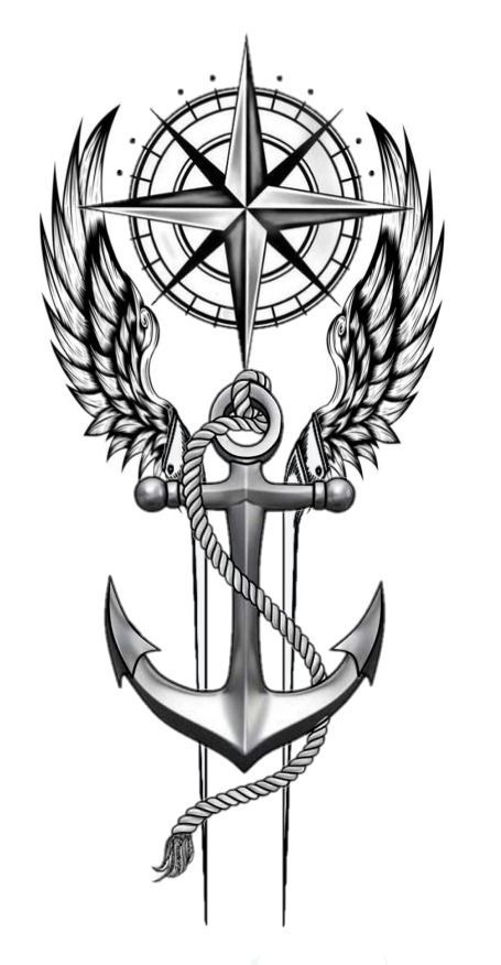 an anchor with wings and compass tattoo design