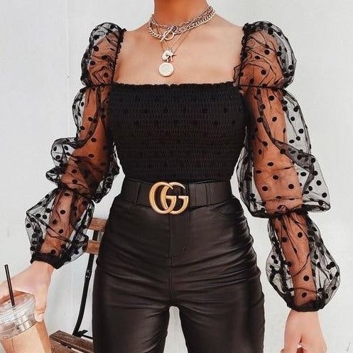 Long Sleeve Sheer Mesh Chiffon Blouse KevenKosh® Black M Blouse Chiffon, Blue Shirt Women, Gothic Chic, Fest Outfits, Backless Blouse, Fashion Blogger Style, Puff Long Sleeves, Mode Inspo, Looks Chic