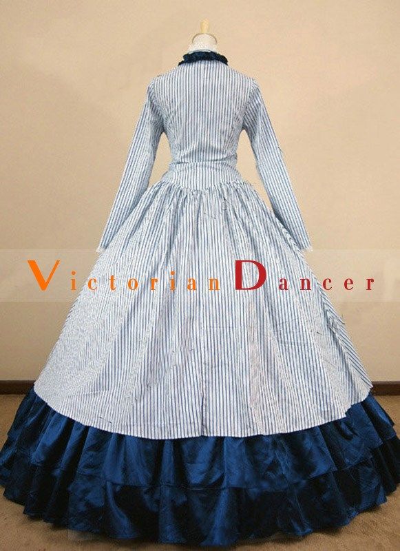 White Striped Cotton Southern Belle Costume Victorian Dress For Women   Condition: Brand New  Color: amp;nbsp; As Picture  Material: Cotton And Satins  Silhouette: Ball Gown  Sleeve Length: Full Sleeve  Dresses Length:Floor-Length  Neckline:Turn-down Collar  Decoration: Bow  Style: Vintage  Includes: Dress    amp;nbsp; Historical Costume Dress In White, Historical Costume White Dress, White Historical Costume Dress, White Victorian Dress With Long Sleeves, Medieval White Dress For Costume Party, Southern Belle Costume, Historical Dresses Victorian, Gothic Victorian Dresses, Full Sleeves Dress