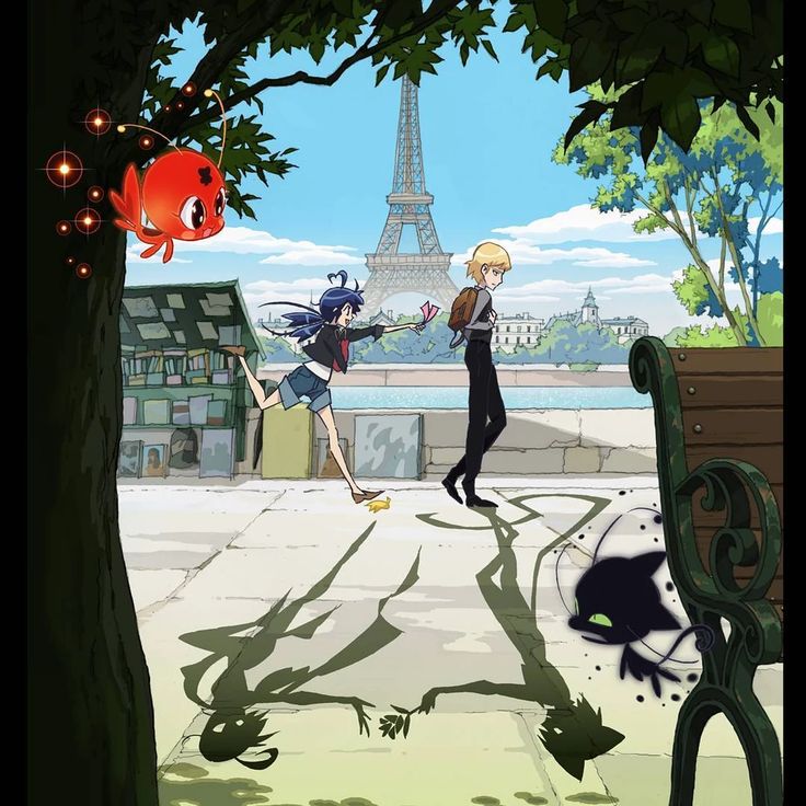 two anime characters standing in front of the eiffel tower