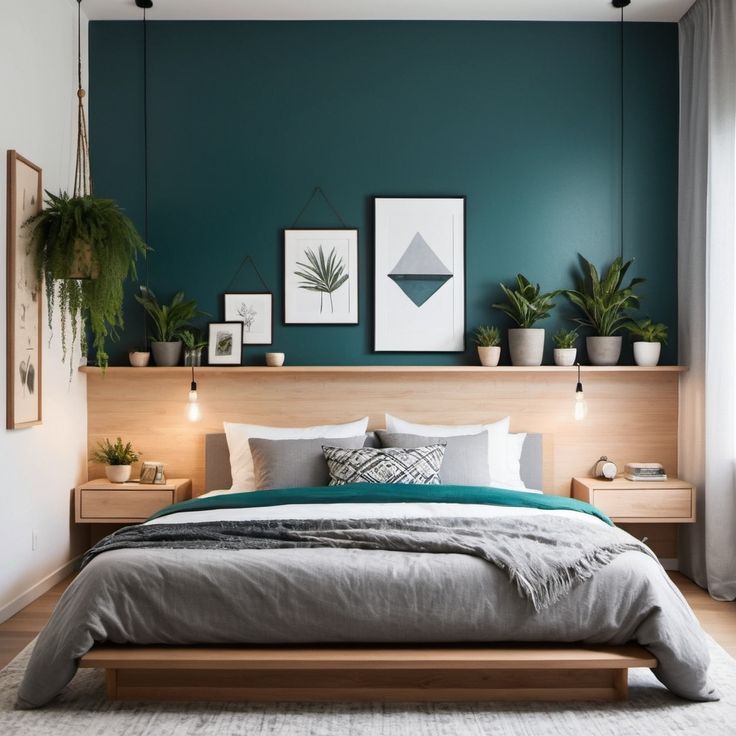 a bedroom with teal walls and plants on the headboard, along with a bed