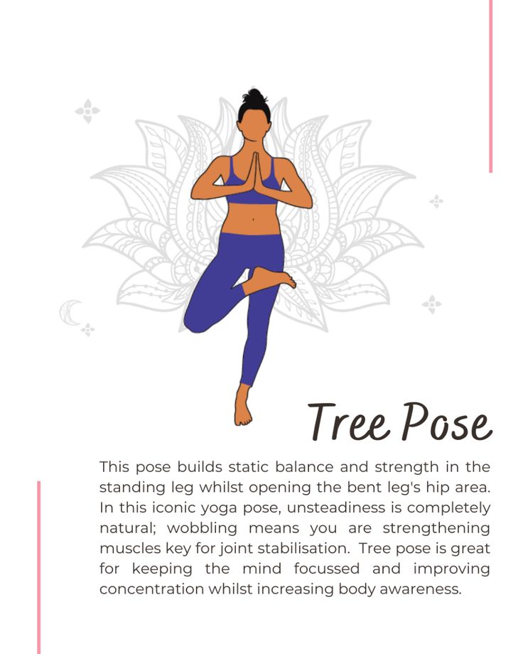 a woman doing yoga poses with the words tree pose in front of her and an image of