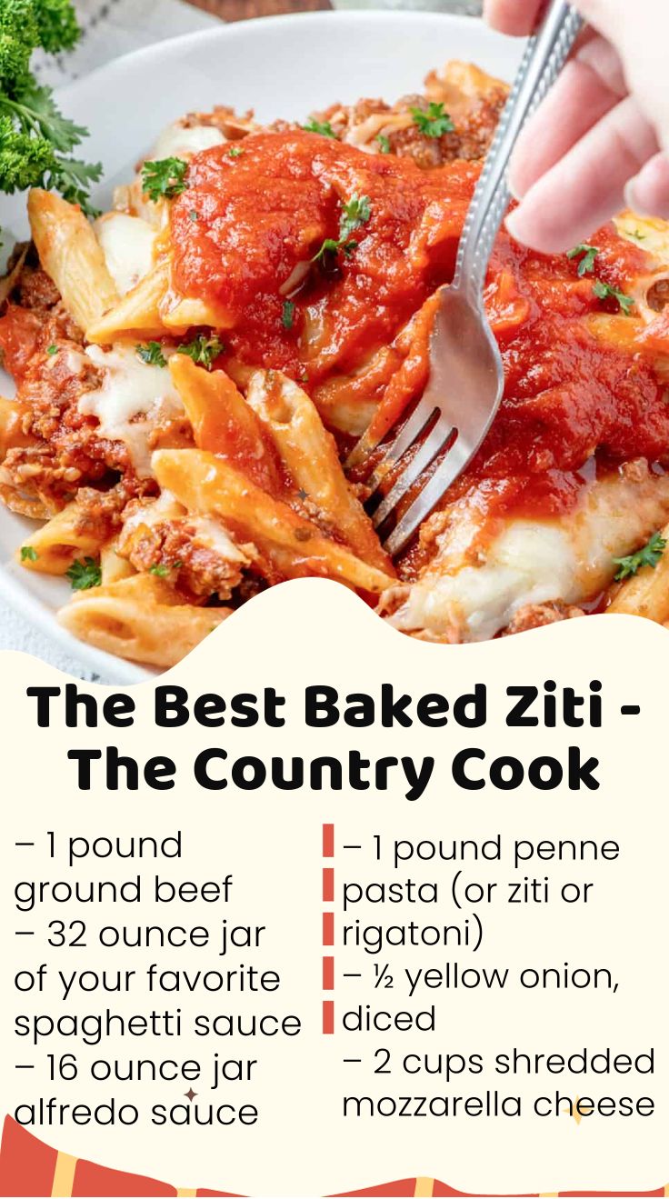 the best baked ziti - the country cook recipe is shown on a plate with a fork in it