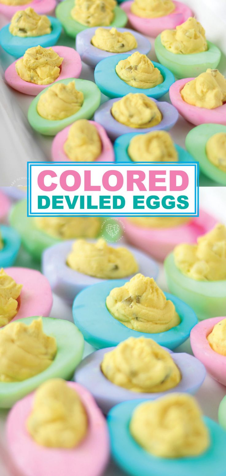 colorful deviled eggs are sitting on plates with the words colored deviled eggs above them