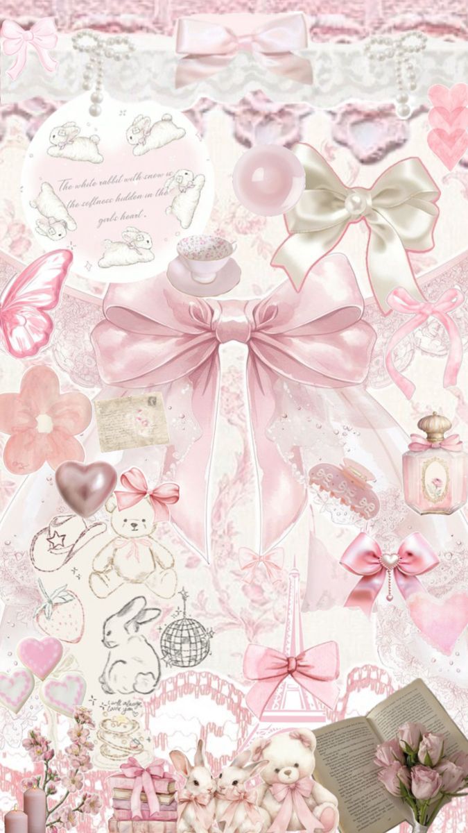 a pink and white wallpaper with many different things on it's side, including hearts