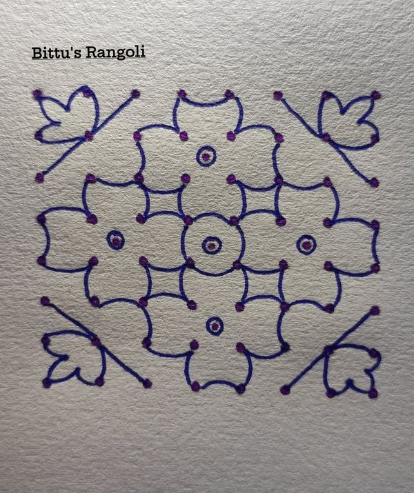 a piece of paper that has been drawn with blue thread on it, and the words bitti's rangoli written in red ink