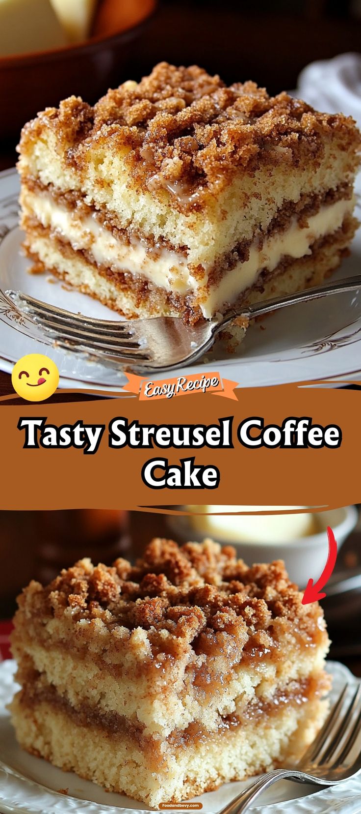 two different types of coffee cake on plates with text overlay that reads tasty streusel coffee cake