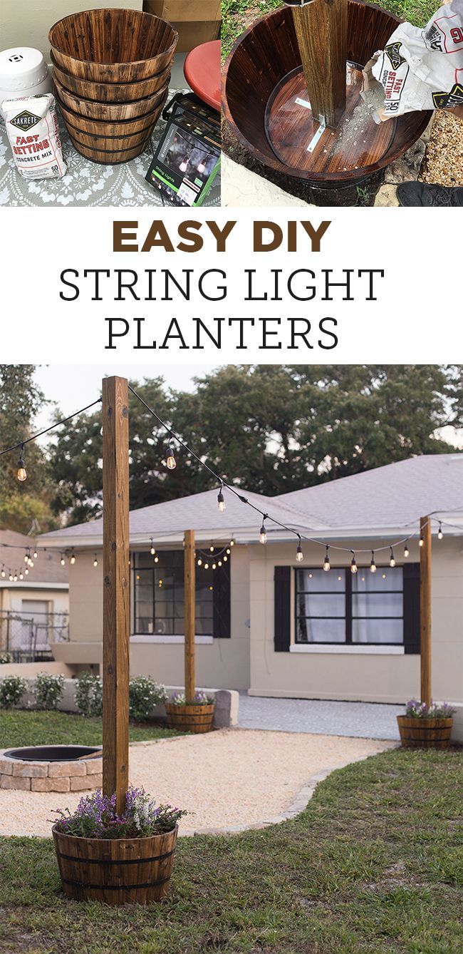 an easy diy string light planter made out of wood and some other items