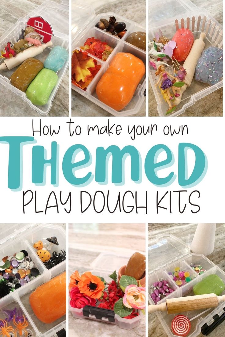 an organized play dough kit with the words how to make your own themed play dough kits