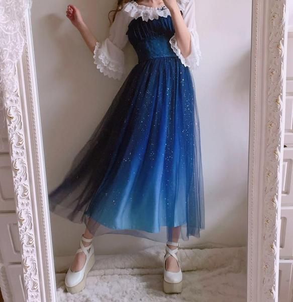 Japanese harajuku galaxy stars gradient blue lengthy gown SD02468  #dress #galaxy #gradient Sky Gradient, Long Blue Dress, Skirt Maxi, Fantasy Dress, Strappy Dresses, Starry Sky, Fancy Dresses, Dream Dress, Lany