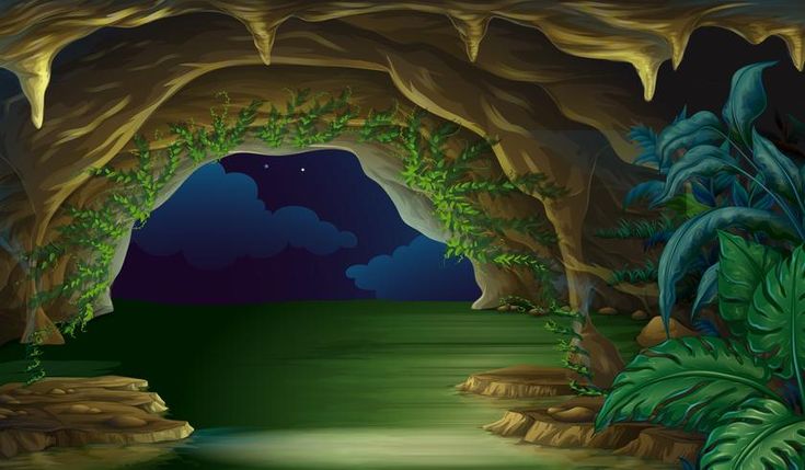 an illustration of a cave entrance at night