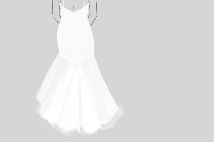 a white wedding dress is hanging on a hanger in front of a gray background