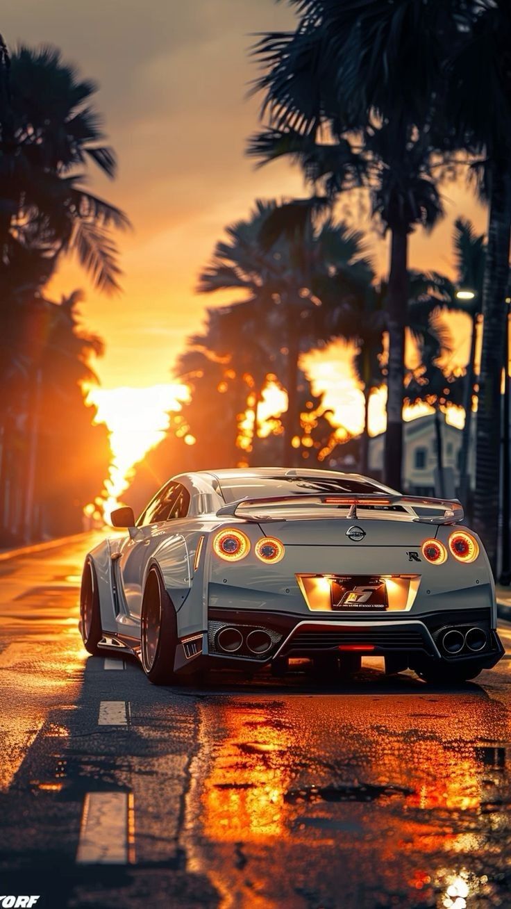 a white sports car parked on the side of a wet road at sunset with palm trees in the background