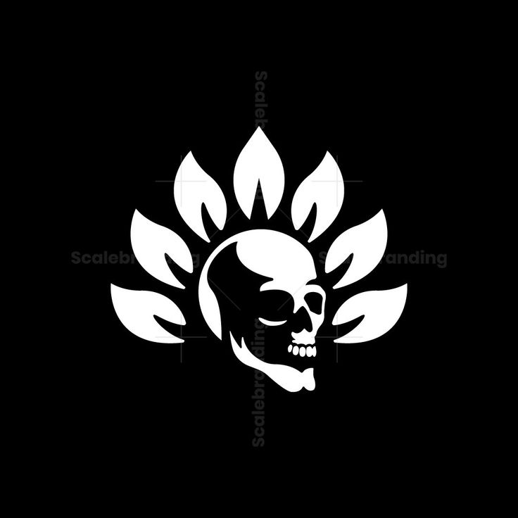 a skull with leaves on it's head is shown in the middle of a black background