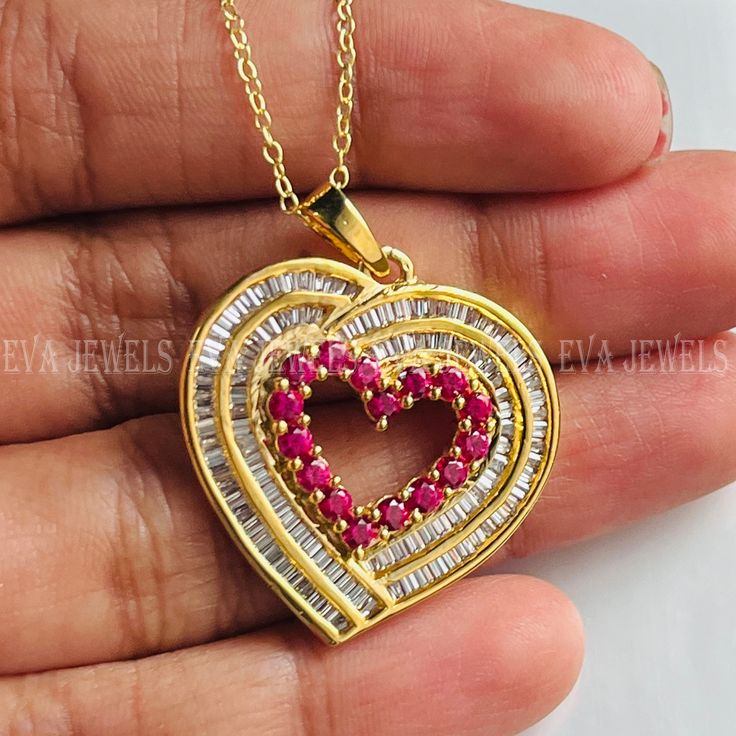 14k Yellow Gold Over 1.90Ct Round Cut Red Ruby & CZ Diamond Heart Pendant With 18" Chain, Mother's Day Gift 925 Silver Heart Collection ⭐ Available⭐ > 14K White Gold Plated 925 Sterling Silver > 14K Yellow Gold Plated 925 Sterling Silver > 14K Rose Gold Plated 925 Sterling Silver **WE LOVE CUSTOM ORDERS** YOU ASKED,WE MADE IT (FREE OF COST) ⭐ Item Detail⭐ > Material: Solid Sterling Silver > Gem type: Ruby & Cubic Zirconia > Stone Creation: Lab Created > Stone Color: Red & White > Stone Shape: Ro Heart Necklace With Cubic Zirconia For Valentine's Day, Valentine's Day Heart Necklace With Cubic Zirconia Gemstone, Cubic Zirconia Heart Necklace With Gemstone For Valentine's Day, Mother's Day Red Cubic Zirconia Jewelry, Red Cubic Zirconia Jewelry For Mother's Day, Red Cubic Zirconia Heart Pendant Jewelry, Red Heart-cut Cubic Zirconia Necklace, Red Diamond Heart Pendant Jewelry, Red Heart Cut Cubic Zirconia Necklace