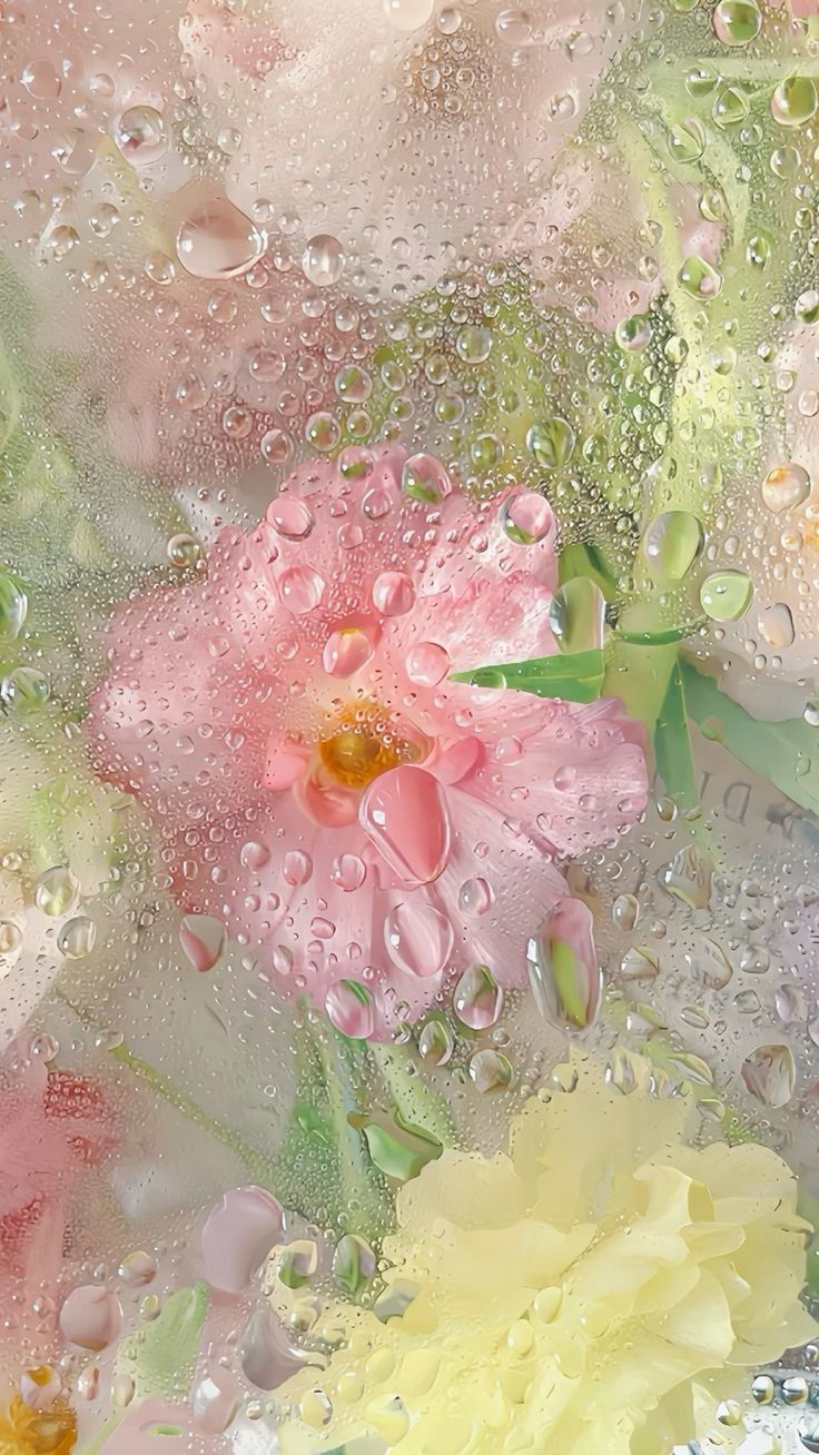 flowers are seen through the water droplets on a window