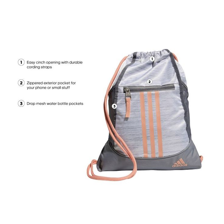 Convenient and stylish, this adidas Alliance sackpack is just what you need.Main compartment with drawstring closure offers easy access to items.Tricot-lined front zip pocket keeps small items on hand.Two exterior side mesh pockets hold water bottles to help you stay hydrated.In-use: 18.75''H x 14''W x 2''DWeight: 0.5 lbs.Exterior: 1 front zip pocket & 2 side mesh pocketsInterior: 1 main compartmentZipper & drawstring closuresModel no. 51364Dobby polyesterManufacturer's lifetime limited warranty Clothes And Shoes, Drawstring Top, Busy Schedule, Stay Hydrated, Bagpack, Drawstring Backpack, Orange Black, Shoulder Straps, Gym Bag