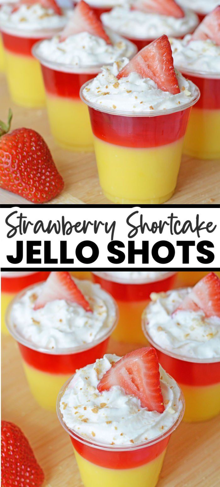 strawberry shortcake jello shots with whipped cream and strawberries