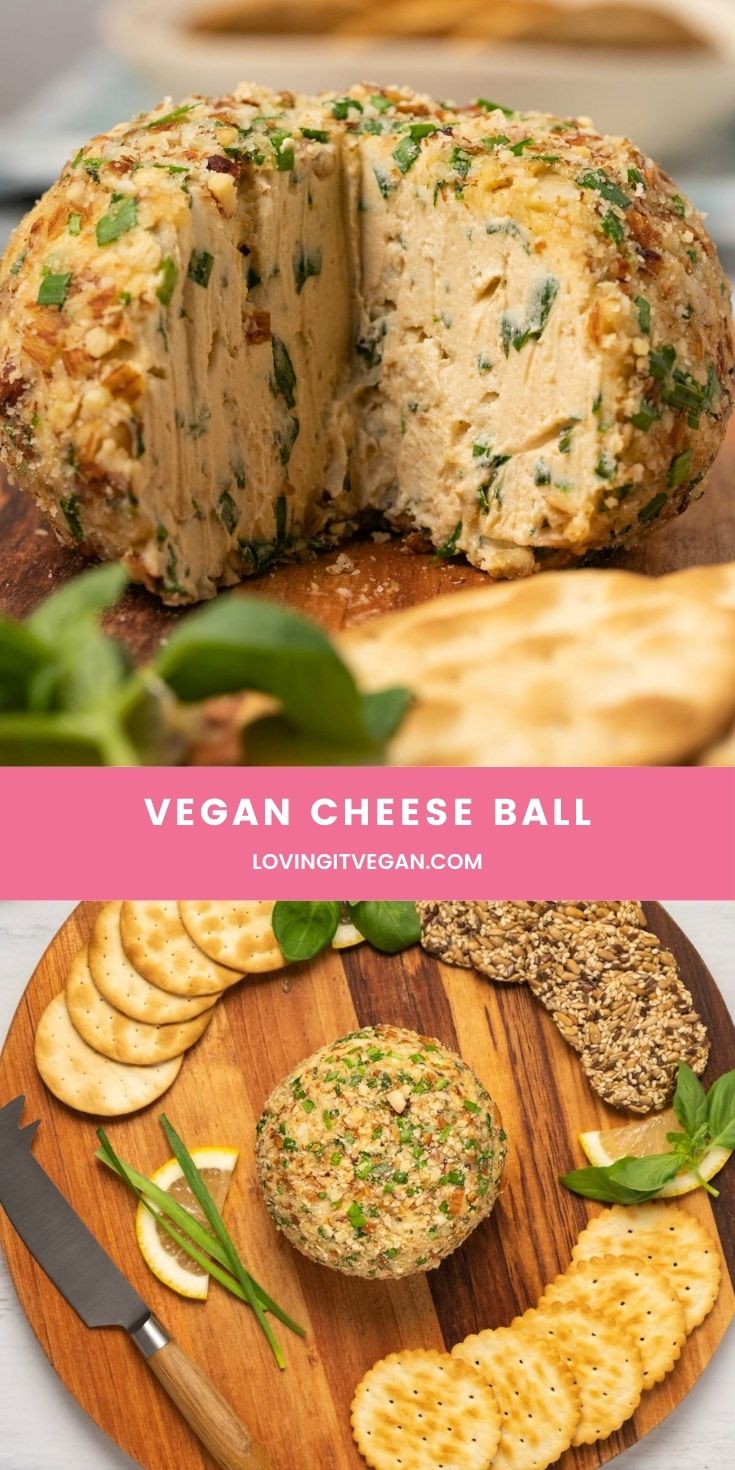 vegan cheese ball on a cutting board with crackers