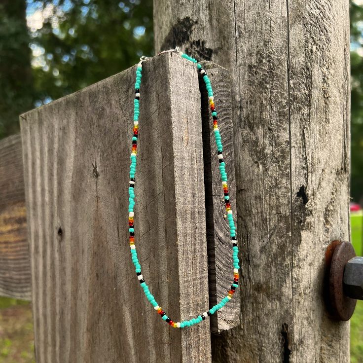 Handmade By Me:) You Can Choose Between 14” And 16” Turquoise Colored Western Necklace Beaded Country Necklace, Aztec Beaded Necklace, Western Pearl Necklace, Western Inspired Jewelry, Western Bracelet Colors, Western Jewelry Beaded, Western Necklace Ideas, Fall Seed Bead Necklace, Seed Bead Necklace Western