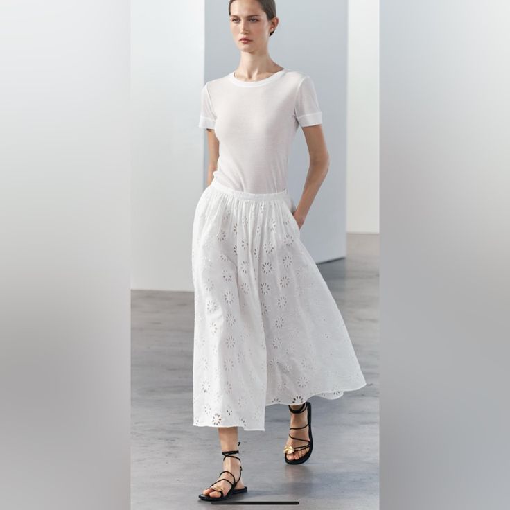 Zara Embroidered Midi Skirt Zw Collection Beautiful Elegant Summer Skirt With Cutwork Hem, Casual Summer Bottoms With Cutwork Hem, White Cotton Skirt With Cutwork Hem, Elegant White Skirt With Cutwork Hem, Chic Spring Bottoms With Cutwork Hem, Chic Bottoms With Cutwork Hem For Spring, Chic Skirt Bottoms With Floral Embroidery, White Bottoms With Cutwork Hem For Summer, Chic Skirt With Floral Embroidery