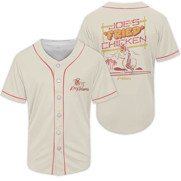 a baseball jersey with the words joe's fried chicken written in red on it