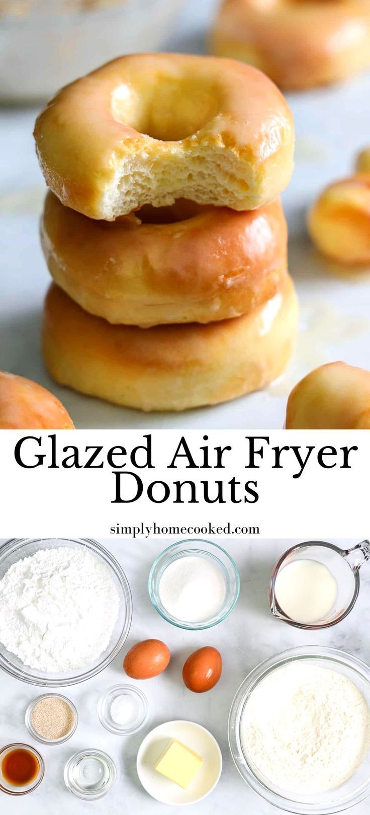 glazed air fryer donuts are stacked on top of each other and ready to be eaten