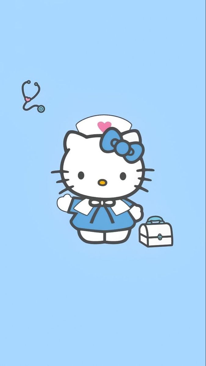 a hello kitty wallpaper with a suitcase and an airplane in the sky behind it