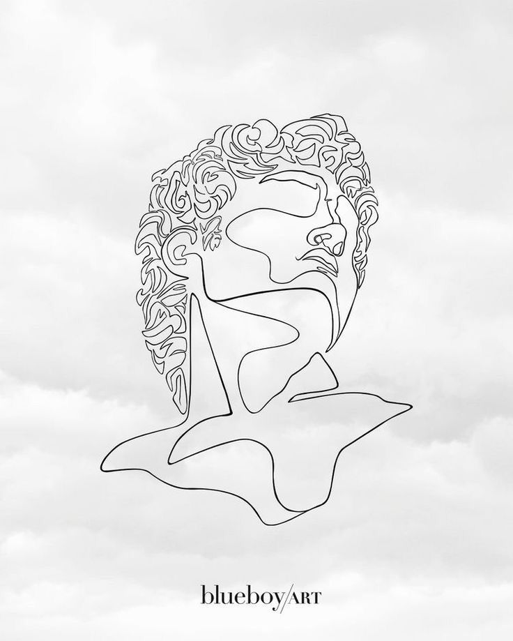 a black and white drawing of a woman's face on a cloudy sky background